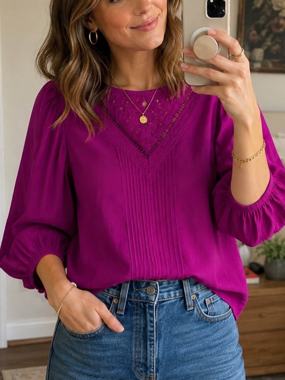 Anthropologie FARM Rio Purple Lace Peasant Blouse Petite MP Boho Cotton Top